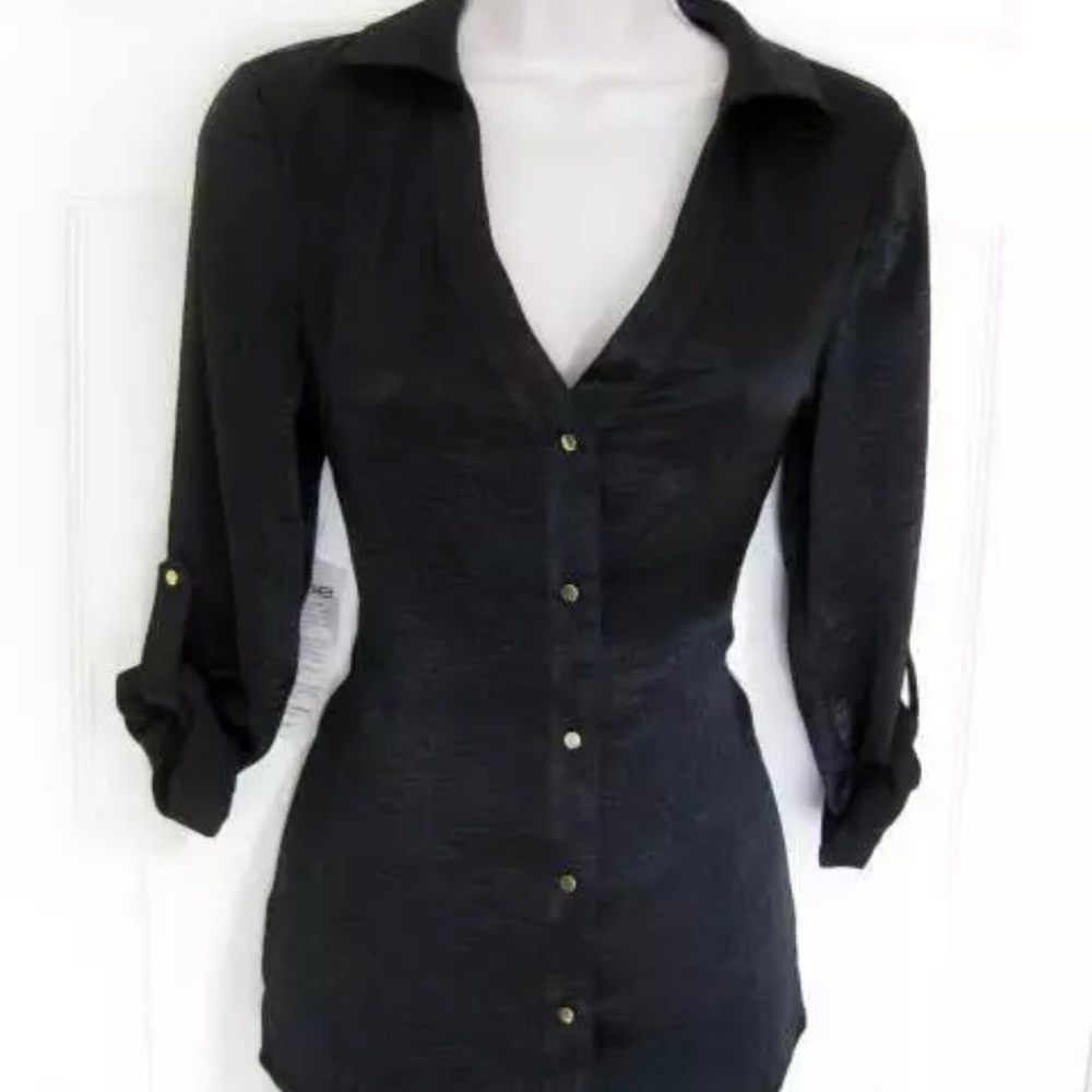 BEBE BLACK RAE HAMMERED CHARM LONG SLEEVE SHIRT TOP NEW NWT XS XSMALL